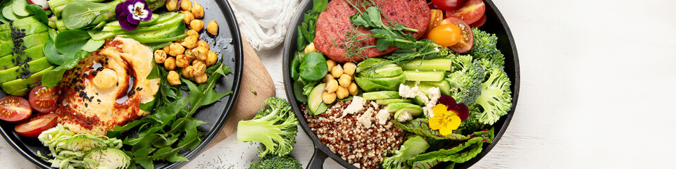 Healthy vegetarian and vegan  salads and Buddha Bowls with vitamins, antioxidants, protein on light  background.