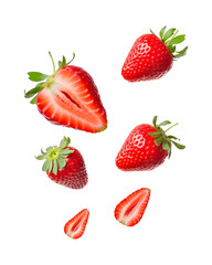 Strawberries. Falling strawberry fruits whole and cut isolated on white or transparent background, png