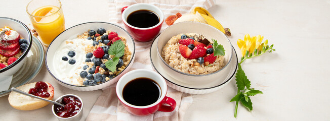 Healthy breakfast set. The concept of delicious and healthy food.