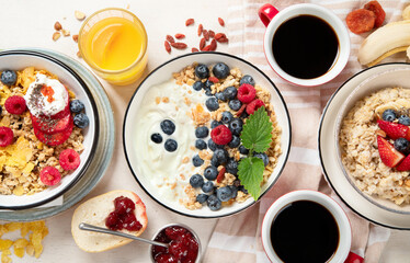 Healthy breakfast set. The concept of delicious and healthy food.