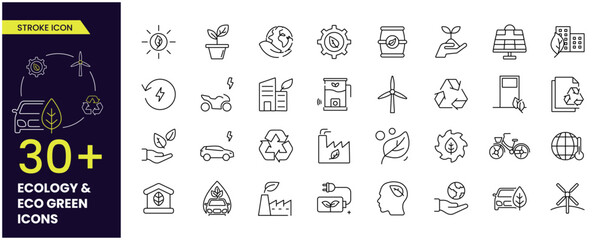 Simple Set of Eco Green (Ecology) Vector Line Icons. Contains such Icons as Electric Car, Global Warming, solar, wind mill and more. Editable Stroke icons collections.