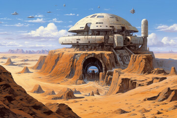 View of the futuristic city on alien planet, concept illustration. Fantasy. Generative AI.