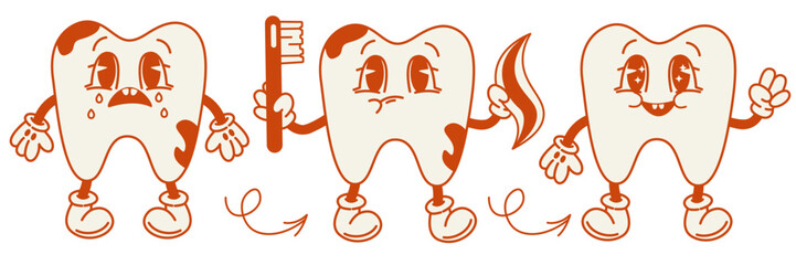 Cute tooth characters in flat style.from unhealthy teeth to healthy.Concept of dentistry and stomatology.