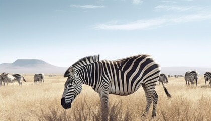 Obraz na płótnie Canvas Zebras grazing on the plains their striped patterns creating a striking visual impact AI generated
