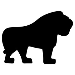 Standing lion in profile. Hittite animal design. Black silhouette on white background.