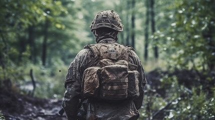 Fototapeta premium Military In equipment from the back. Generative AI