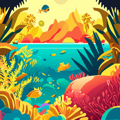 Fototapeta na wymiar Sea landscape with coral reef and tropical fish. Vector illustration in flat style