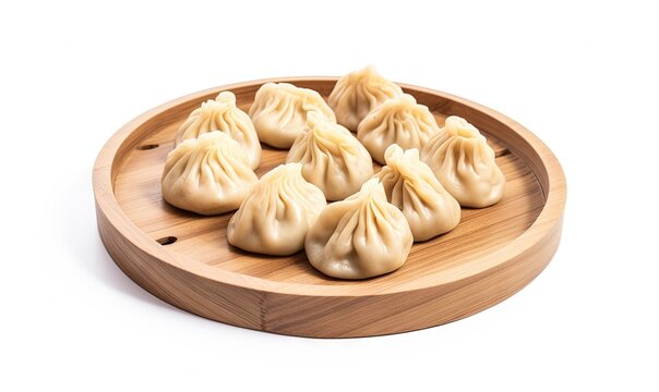  a plate of dumplings on a wooden plate on a white background.  generative ai