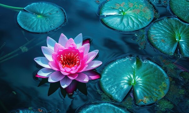  a pink water lily floating on top of a pond filled with lily pads.  generative ai