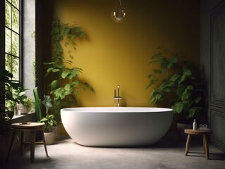 Obraz na płótnie Canvas a bathtub in front of a green wall with plants on the walls and flooring it is surrounded by plants. AI Generative.