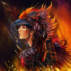 Phoenix bird girl in fire and ashes - 609107574