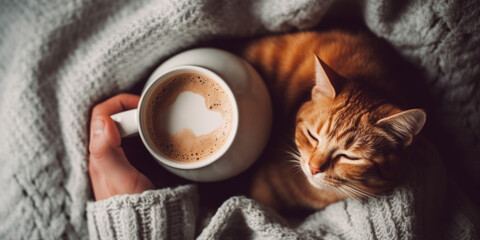 Top view of carefree cute ginger cat lying on the bed. Cozy morning at home, woman hands holding a cat and a cup of coffee
