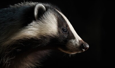  a close up of a badger on a black background with a blurry background.  generative ai