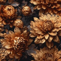 Fototapeta premium Golden Flowers Digital Paper, Seamless Golden Floral Pattern. Herbal Golden Pattern. Paintings With Patina. Golden Leaf Floral Pattern.