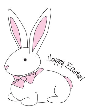 Illustration of a cuddly bunny with a pink bow and the words hoppy easter