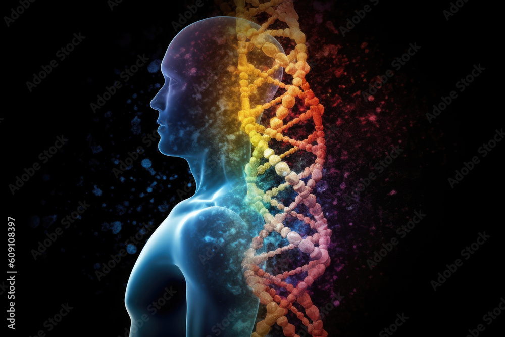 Wall mural human body silhouette and dna helix. biotechnologies and human genomic code concept. created with ge