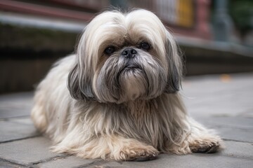 Cute Shih Tzu dog sitting on the ground in the city AI Generated