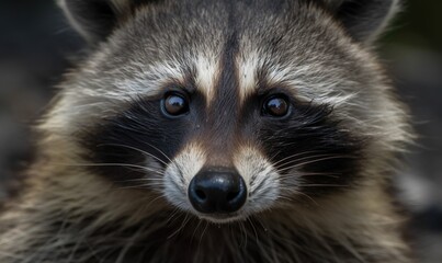 Naklejka na ściany i meble a raccoon looking at the camera with a blurry background. generative ai