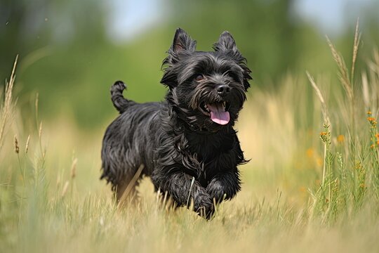 Cairn Terrier running outdoors in nature on a sunny day. AI Generated