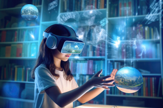 Girl wearing augmented reality headset in classroom. Futuristic school teaching. Virtual reality device using in education process. Created with Generative AI