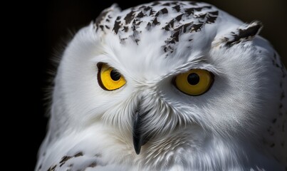  a white owl with yellow eyes and a black back ground.  generative ai