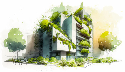 Building sketch, biophilic architecture concept. Ai generated model of residential building with greenery  - obrazy, fototapety, plakaty