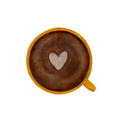 Watercolor illustration of a cup with a marshmallow in the form of a heart on a white background. Top view coffee cup for your design.