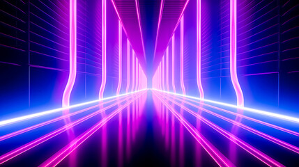 Fototapeta na wymiar Abstract background with glowing neon lines in blue and ultraviolet colors. Synthwave retro futuristic design with grids, AI generated 