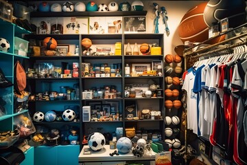etalase in the sport shop room with stuff professional photography ai generated