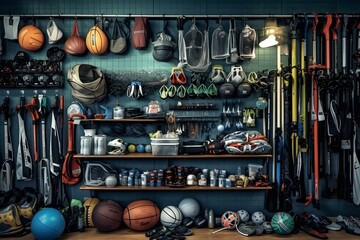 etalase in the sport shop room with stuff professional photography ai generated