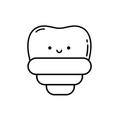 Cute cartoon tooth implant. Funny tooth character with implant. Children's symbol. Vector illustration for pediatric dentistry in linear style. The symbol of tooth restoration. A dental implant