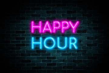 Fototapeta na wymiar Happy hour neon banner on brick wall background. 