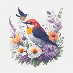 Illustration of a bird among various flowers. T-shirt print, illustration, design. Generated by artificial intelligence.