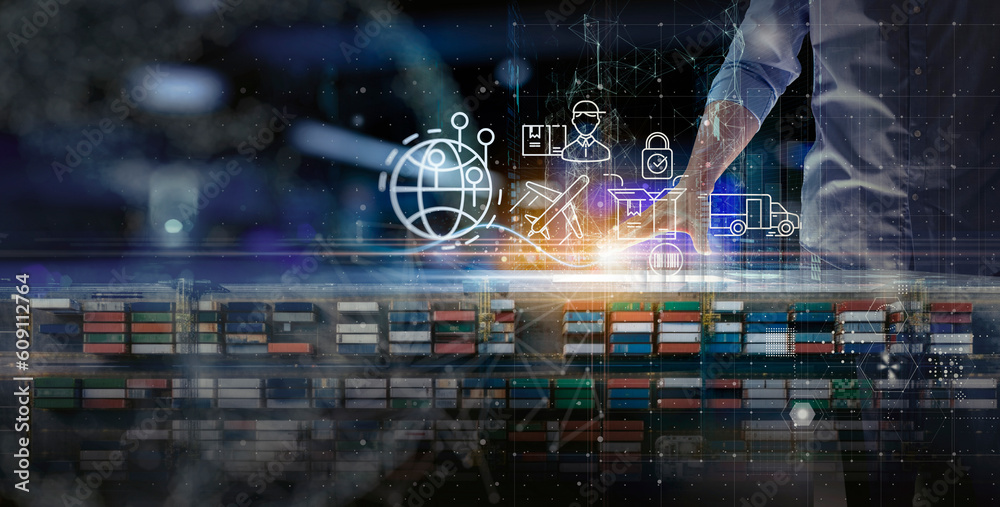 Poster Businessman using tablet on logistic network distribution and smart transportation and networking intelligent logistics of truck and train container cargo ship.