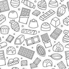 Seamless pattern of chocolate doodle set.  Different kinds of chocolate. Cocoa bean, chocolate candies, chocolate bar in sketch style. Hand drawn vector illustration