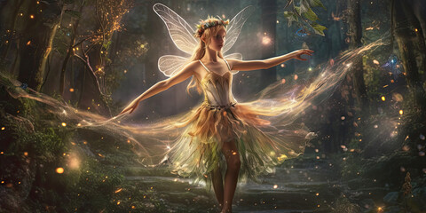 Dancing fairy in an enchanted magical forest - obrazy, fototapety, plakaty