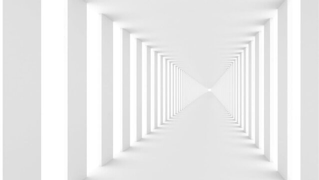 Futuristic empty white corridor with rectangular walls and bright light. Seamless looping animation	