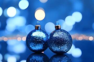 Blue balls on christmas bokeh background, AI generated