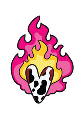 Heart in fire of love. Pink and yellow flame behind the heart in trendy cow print. Girly vector clip art for print, sticker, patch, romantic greeting card, and date gift.