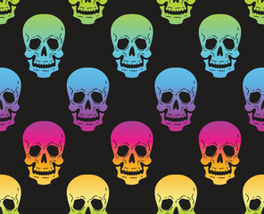 Seamless vector pattern with bright gradient skulls. 