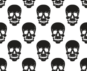 Gothic design seamless pattern with black skulls. Spooky background. 