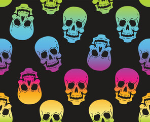 Gradient Skull seamless vector pattern. Repeated texture in bright and fun colors for Halloween. 