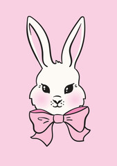 Cute cartoon bunny vector clip art. Sweet friendly animal with pink ribbon. Illustration for kid's prints. 