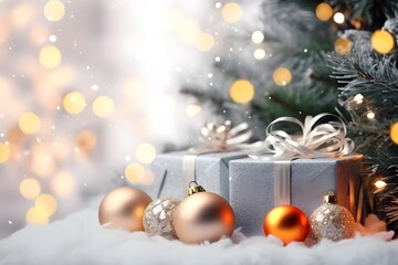 Gift box and balls, simple christmas background with bokeh lights, AI generated