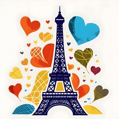 Eifel tower illustration with colorful hearts around, AI generated