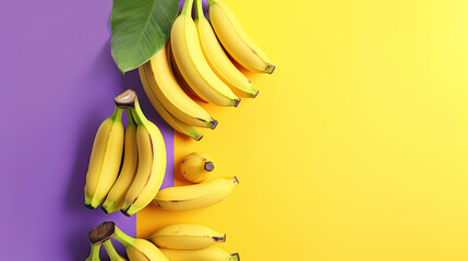 Bananen mit Bananenblatt auf farbig geteiltem pink-gelbem Hintergrund. Minimalistisches Sommerkonzept. Farbenfrohe Sommerfarben. Vintagestil (Generative AI) - obrazy, fototapety, plakaty