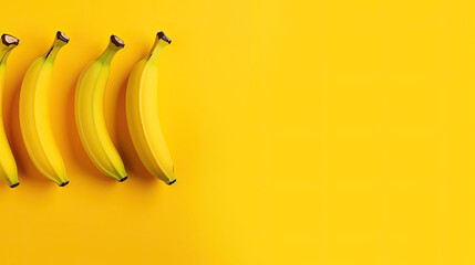 Bananen in Reihe liegend auf gelbem Hintergrund mit Textfreiraum. Minimalistisches Sommerkonzept. Vintagestil (Generative AI) - obrazy, fototapety, plakaty