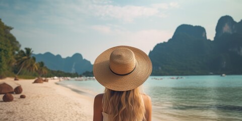 Back view young tourist woman in summer dress and hat standing on beautiful sandy beach. Cute girl enjoy her tropical sea on relax holiday vacation during summer time and sunshine day, generative ai