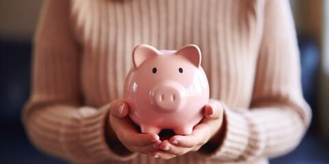 Woman hand holding piggy bank on wood table. Save money and financial investment, generative ai - obrazy, fototapety, plakaty