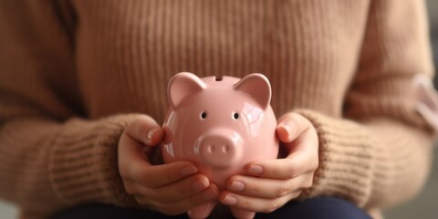 Woman hand holding piggy bank on wood table. Save money and financial investment, generative ai